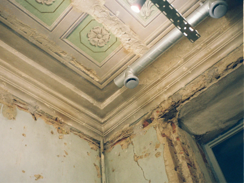 Peeling paint and water damage on a ceiling below a terrace