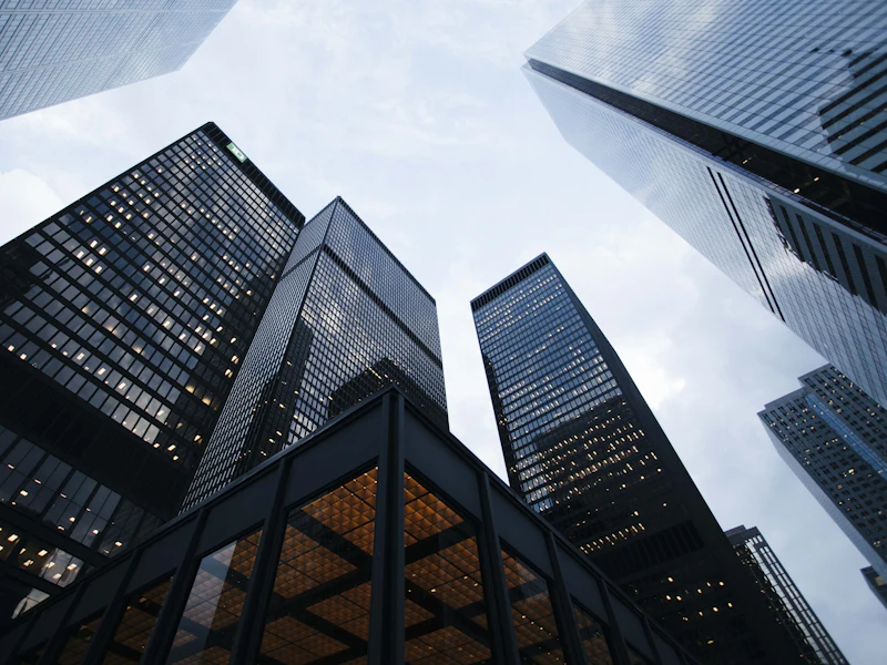 Commercial office buildings seen from street level