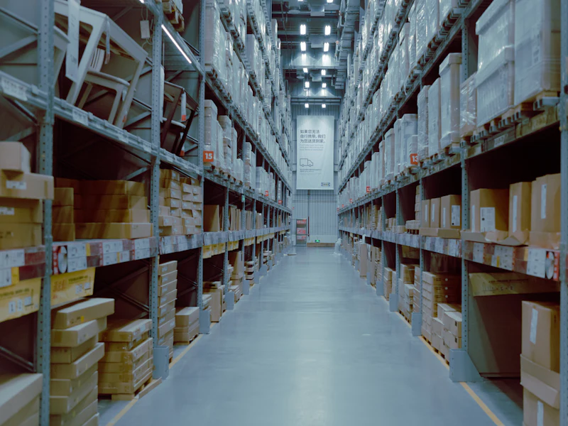 Interior of a large warehouse with racking and a concrete floor