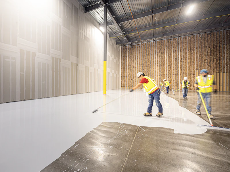 Workers applying a coating to a large industrial floor