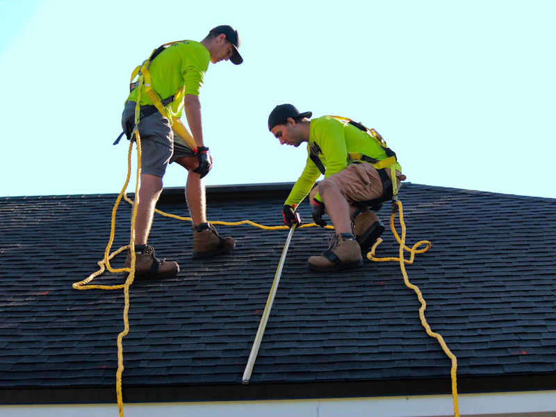 Workers inspecting the surface of a roof